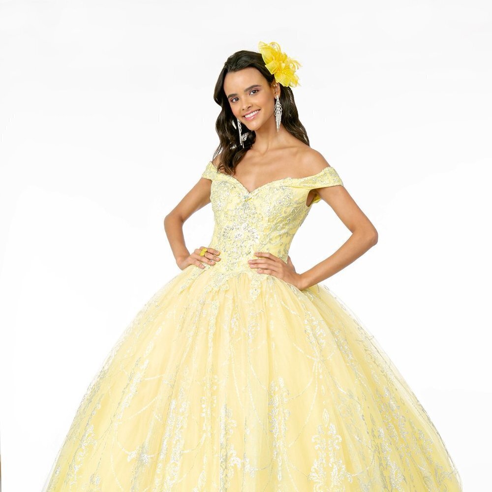 NEW LONG MESH OFF THE SHOULDER SLEEVELESS BALL GOWN WITH LACED BACK GL2910